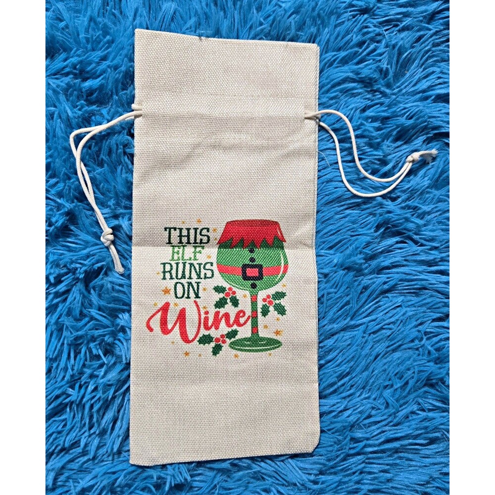Printed Fabric Drawstring Wine Bottle Bag "This Elf Runs On Wine" Christmas